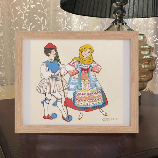 Greece Folk Costume Handmade Art Print with Wooden Frame