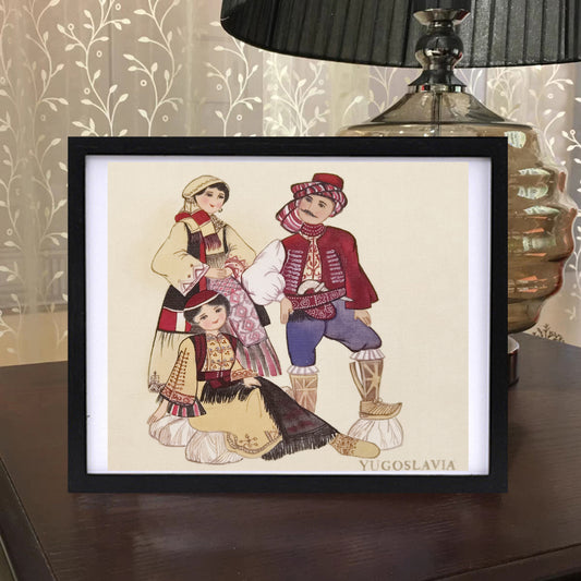 Yugoslav Folk Costume Handmade Art Print with Wooden Frame