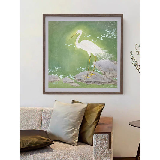 Egret Vividland Handmade Art Printing Duckweed Pond with Wood Frame