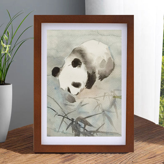 Panda Vividland Handmade Art Printing Bamboo Playful Cute with Wood Frame