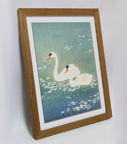 Hand-painted Pair of Swans on Blue Pond Artwork – Watercolor Technique, Premium MATT Paper, Natural Wood Frame, Multiple Sizes & Colors