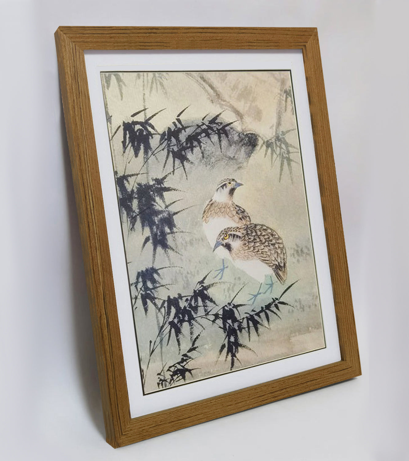 Hand-painted Quails in Bamboo Forest Artwork – Watercolor Technique, Premium MATT Paper, Natural Wood Frame, Multiple Sizes & Colors