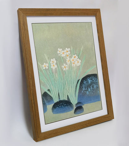 Hand-painted Narcissus Flowers Blooming in Pond Artwork – Watercolor Technique, Premium MATT Paper, Natural Wood Frame, Multiple Sizes & Colors