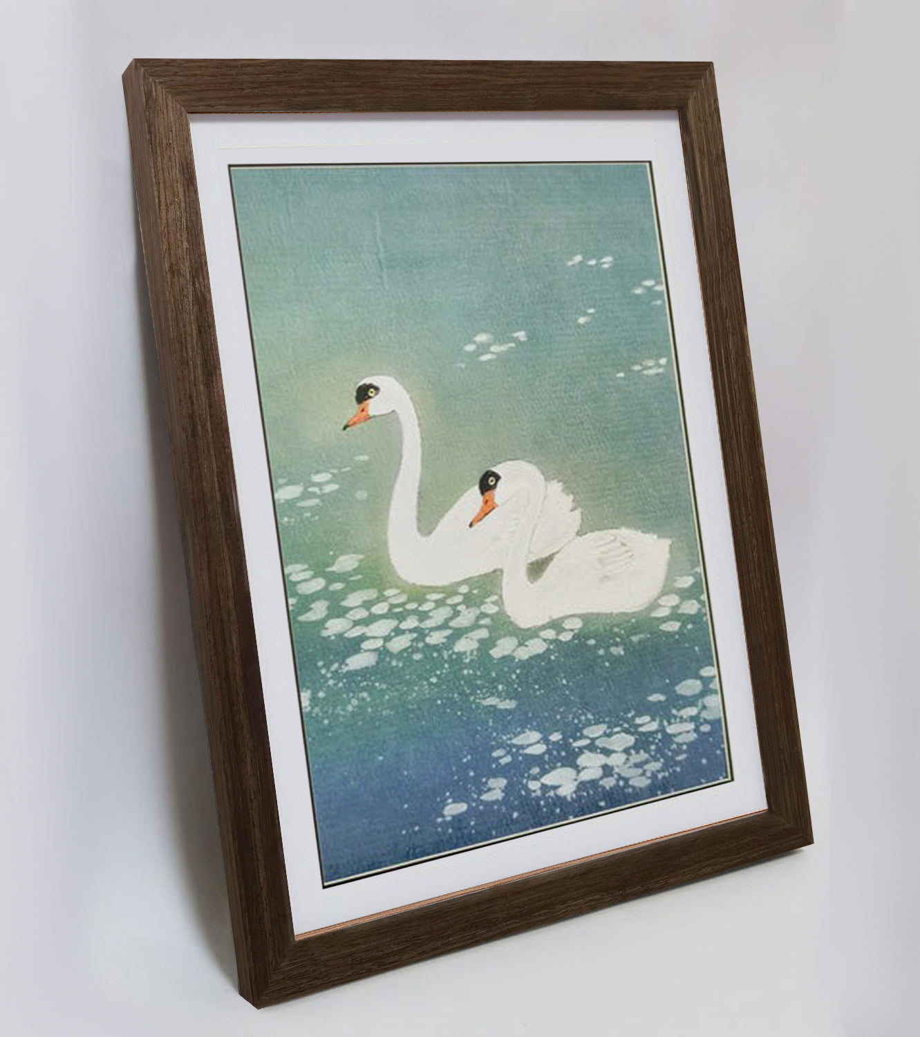 Hand-painted Pair of Swans on Blue Pond Artwork – Watercolor Technique, Premium MATT Paper, Natural Wood Frame, Multiple Sizes & Colors