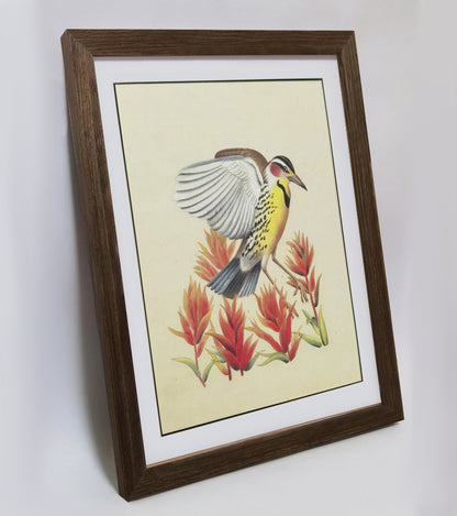 Wyoming Western Meadowlark Hand-painted Art Print - Premium MATT Paper, Natural Wood Frame, Wall & Tabletop Décor, Multiple Sizes & Colors