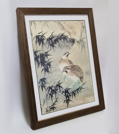 Hand-painted Quails in Bamboo Forest Artwork – Watercolor Technique, Premium MATT Paper, Natural Wood Frame, Multiple Sizes & Colors