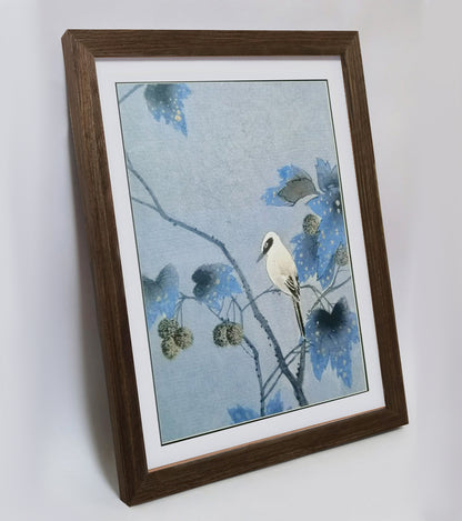 Hand-painted Nightingale on Paulownia Tree Branch Artwork – Watercolor Technique, Premium MATT Paper, Natural Wood Frame, Multiple Sizes & Colors