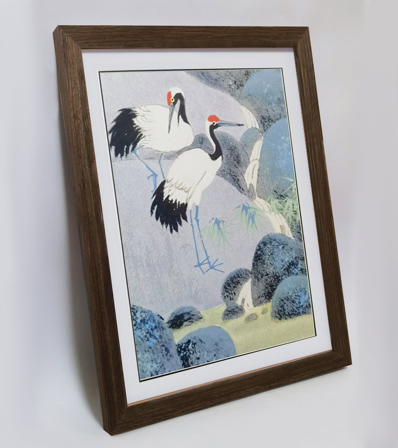 Hand-painted Cranes by Waterfall Artwork – Watercolor Technique, Premium MATT Paper, Natural Wood Frame, Multiple Sizes & Colors
