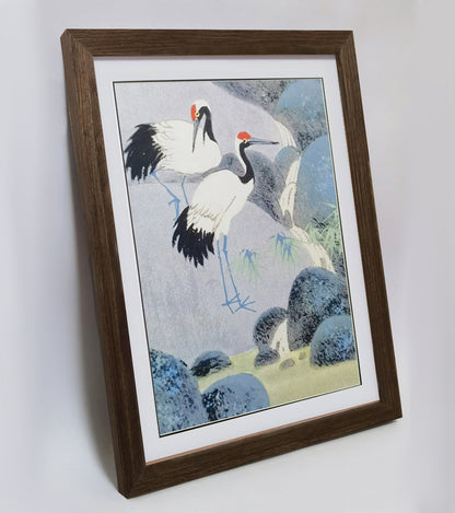 Hand-painted Cranes by Waterfall Artwork – Watercolor Technique, Premium MATT Paper, Natural Wood Frame, Multiple Sizes & Colors
